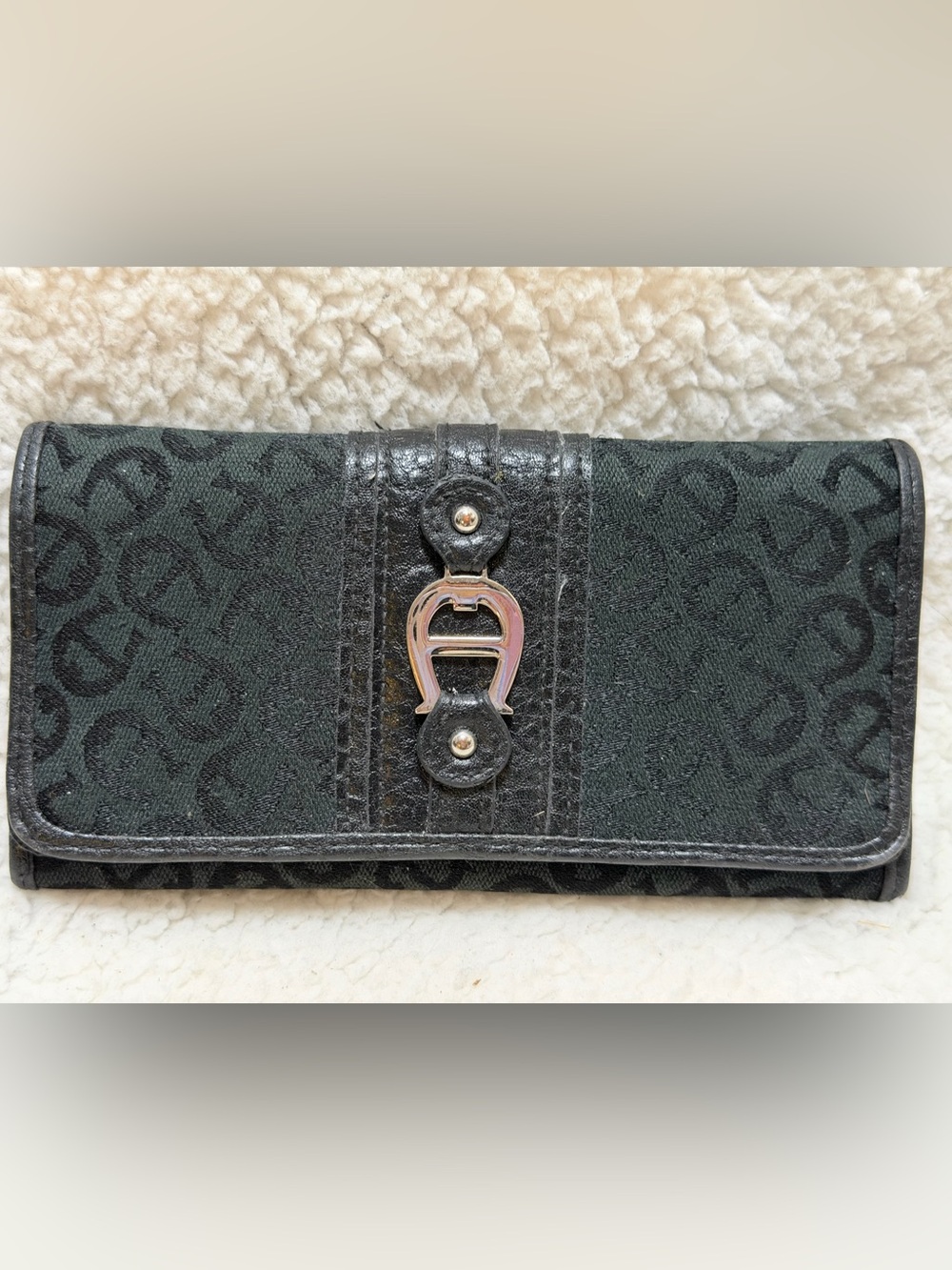 Vintage Etienne Aigner Monogram Jacquard Trifold Wallet Black canvas w/Leather